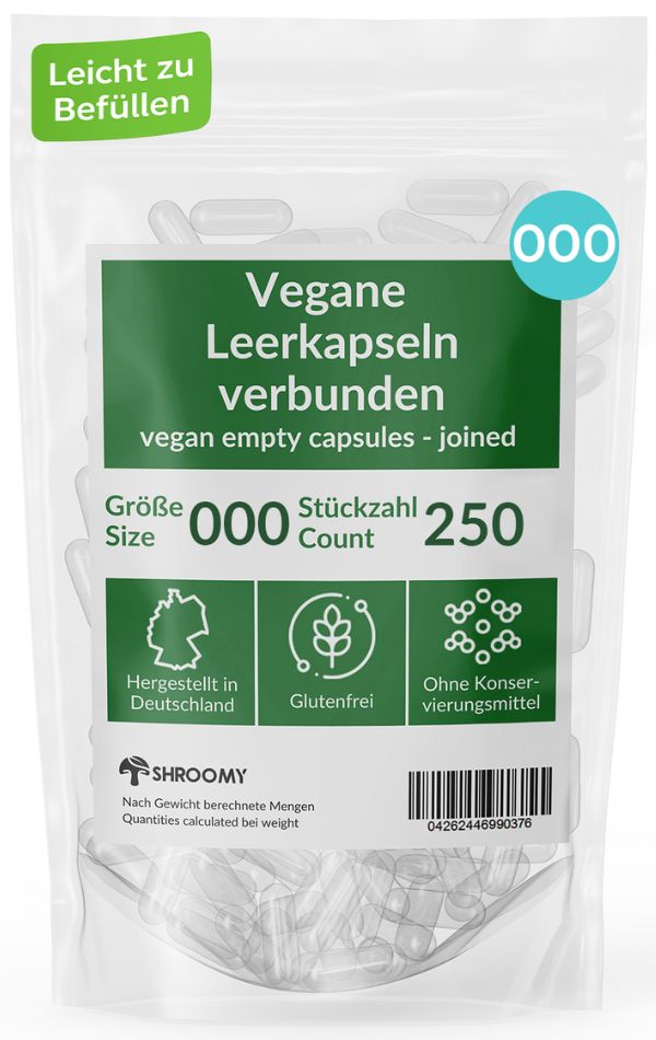 Transparente Leerkapseln in Beutel. Größe 000, 250 Stück. Glutenfrei, ohne Konservierungsstoffe. SHROOMY-Logo.