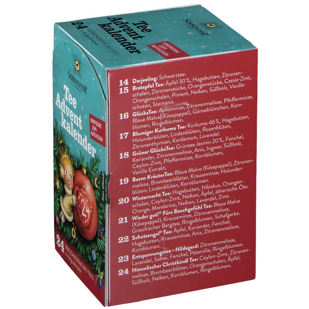 Adventskalender mit 24 Teebeuteln. SonnentoR Logo und Produktbezeichnung. Abbildung einer Weihnachtsdekoration mit Zahl 24.