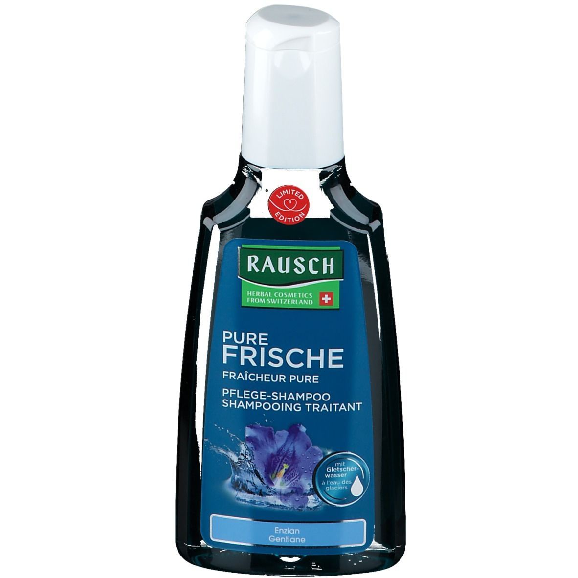 Dunkelblaue Flasche mit weißem Verschluss. Rausch Pflege-Shampoo, Limited Edition. Text: Pure Frische, Fraîcheur pure, Pflege-Shampoo.