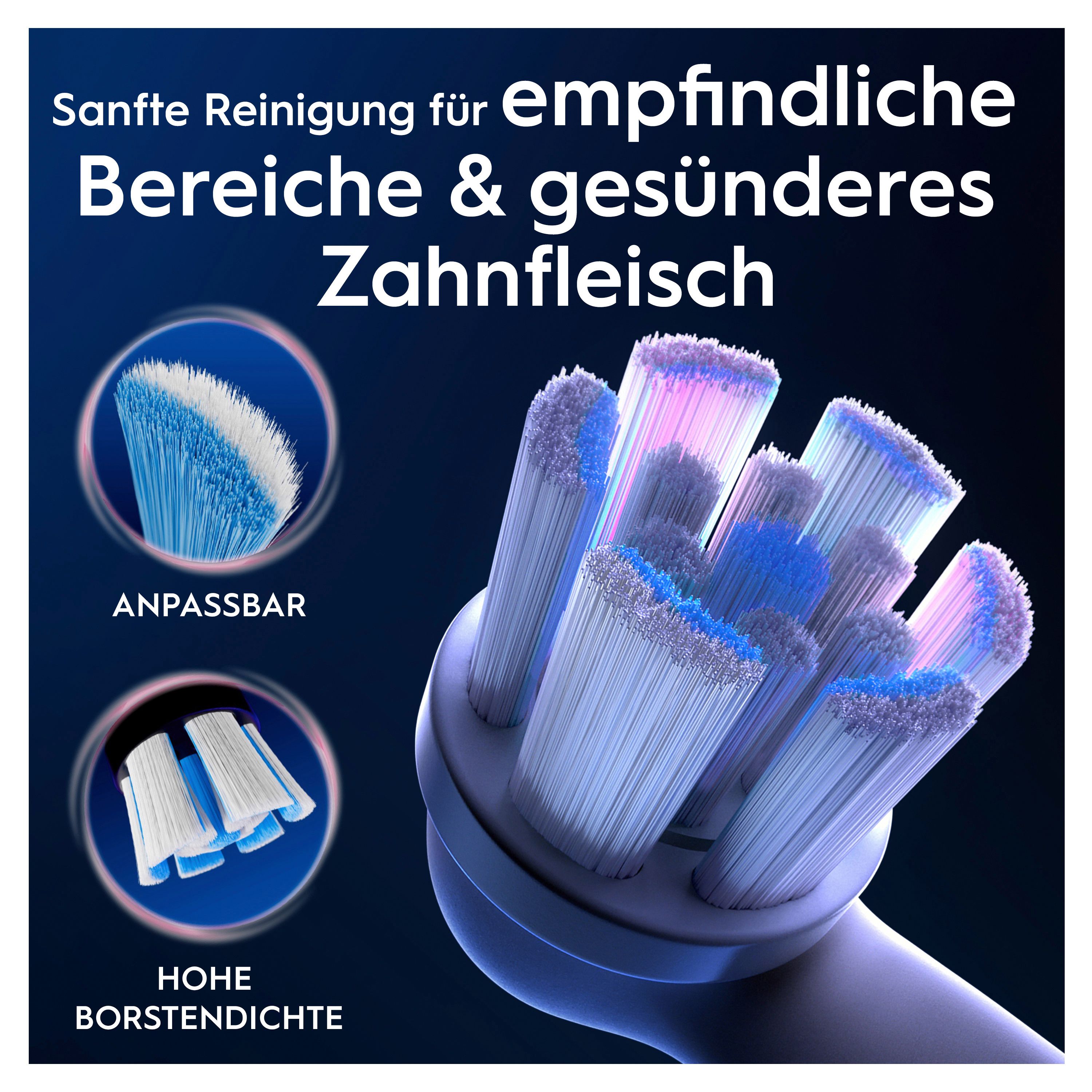 Nahaufnahme eines Bürstenkopfes. Text: Sanfte Reinigung für empfindliche Bereiche & gesünderes Zahnfleisch. Anpassbar, hohe Borstendichte.