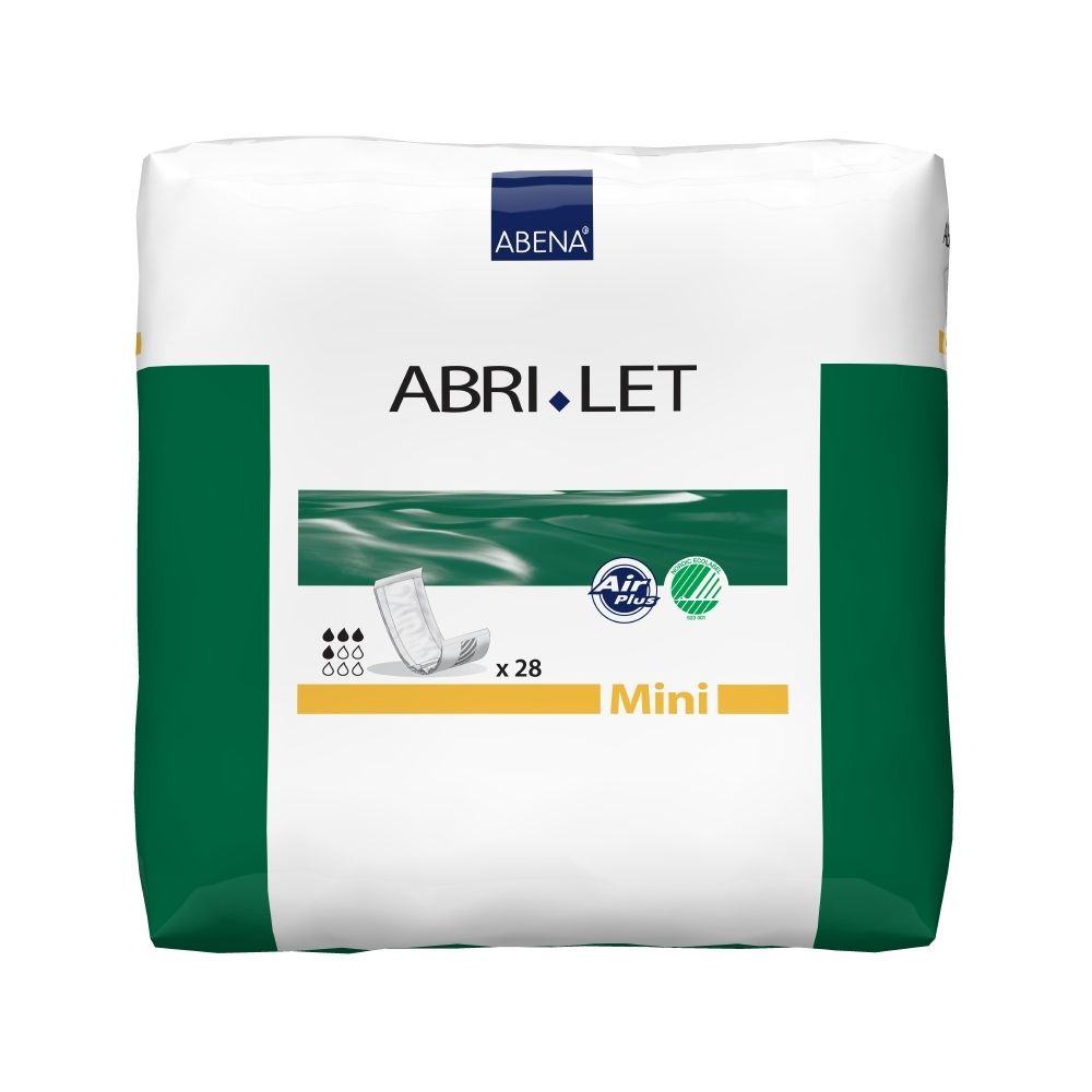 Verpackung mit Abena Abri-Let Mini. Weiß-grüne Verpackung mit Produktbezeichnung und Logo. Enthält 28 Stück.