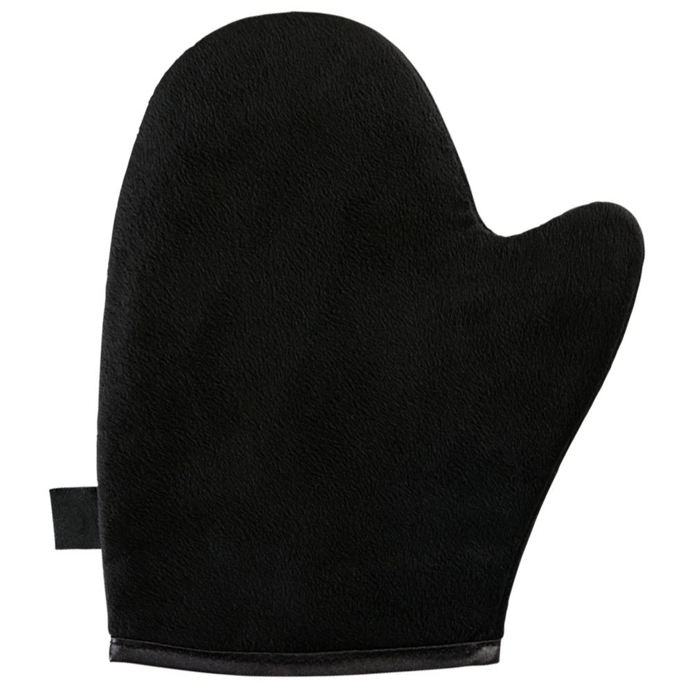 Schwarzer Handschuh für Selbstbräuner. Textilmaterial, rechteckiger Aufnäher. Oberseite, Daumen und Handfläche sichtbar.