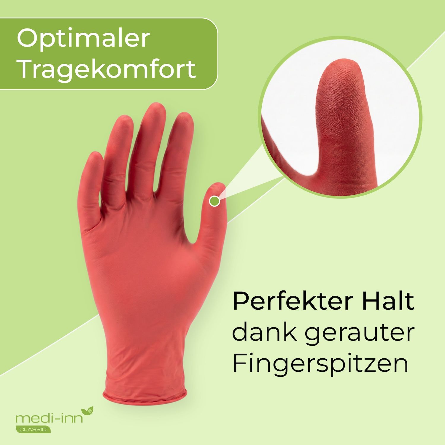 Roter Nitrilhandschuh mit vergrößerter Ansicht der texturierten Fingerspitzen für perfekten Halt.