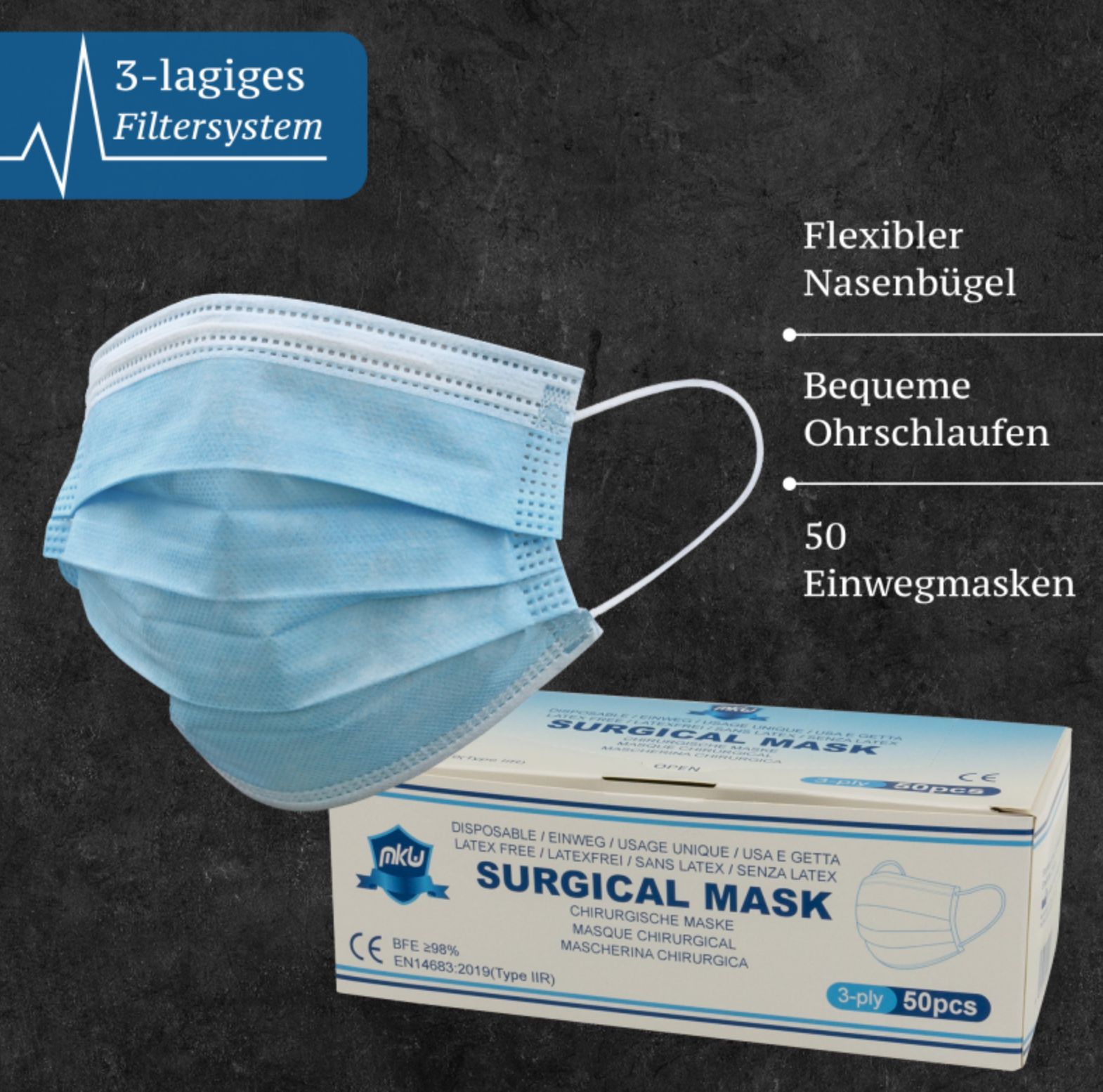 Blaue OP-Maske mit weißen Ohrschlaufen. Karton mit Aufdruck: Surgical Mask, 3-lagig, 50 Stück. Text: Flexibler Nasenbügel, bequeme Ohrschlaufen.