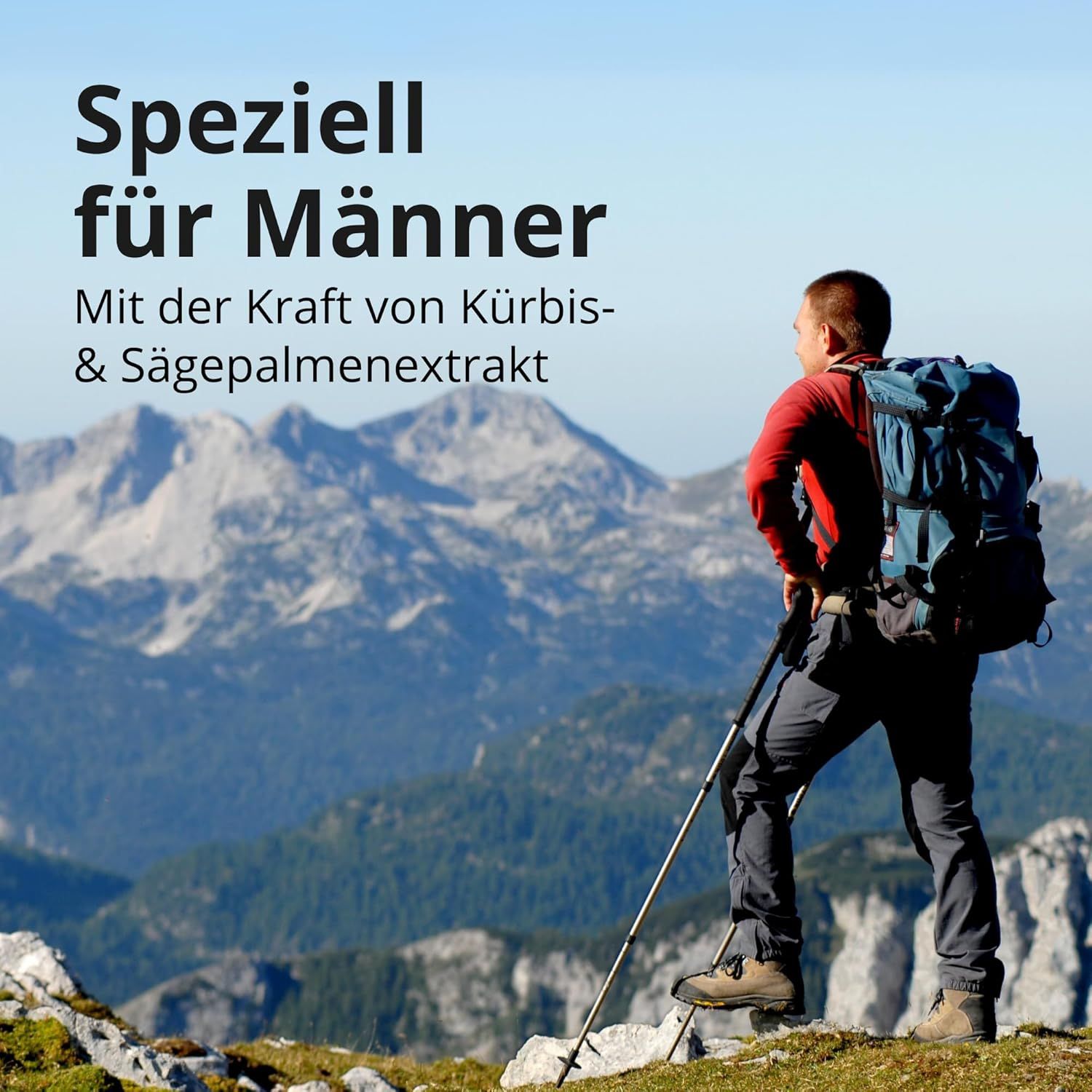 Mann mit Rucksack steht vor Berglandschaft. Text: Speziell für Männer. Mit Kürbis- & Sägepalmenextrakt.
