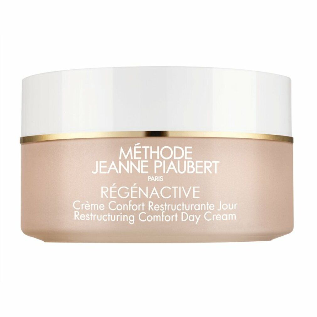 Creme-Tiegel mit weißem Deckel und goldfarbenem Rand. Aufschrift: MÉTHODE JEANNE PIAUBERT, RÉGÉNACTIVE, Crème Confort Restructurante Jour.