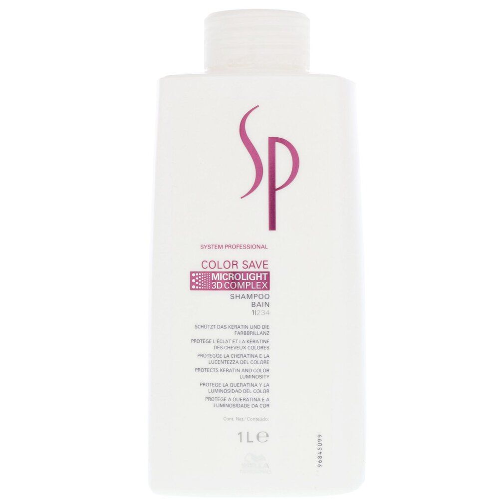 Weiße Flasche SP System Professional Color Save Microlight 3D-Complex Shampoo mit pinkem SP Logo.