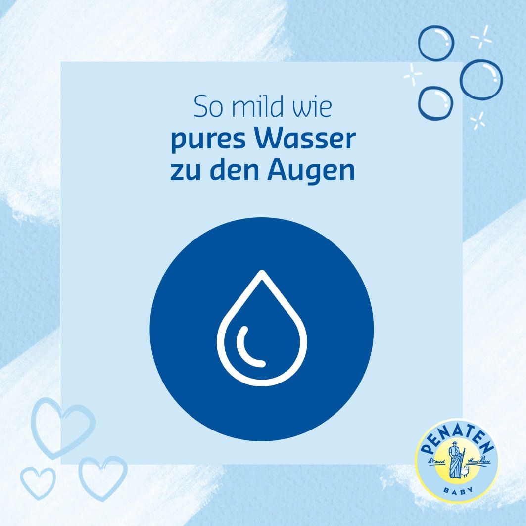 Blauer Hintergrund mit Text: So mild wie pures Wasser zu den Augen. Logo PENATEN® Baby. Symbol: Wassertropfen.