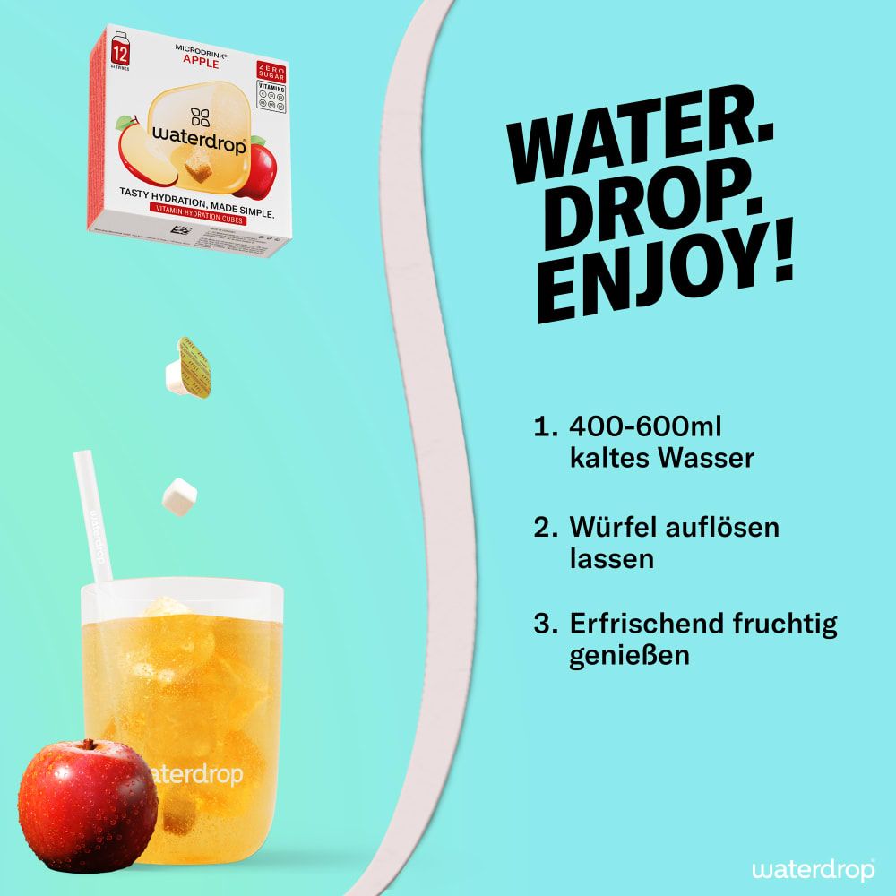 Glas mit gelber Flüssigkeit, Apfel und Würfel. Daneben Karton waterdrop® Microdrink Apfel. Text: Water. Drop. Enjoy! Anleitung: 400-600ml kaltes Wasser...