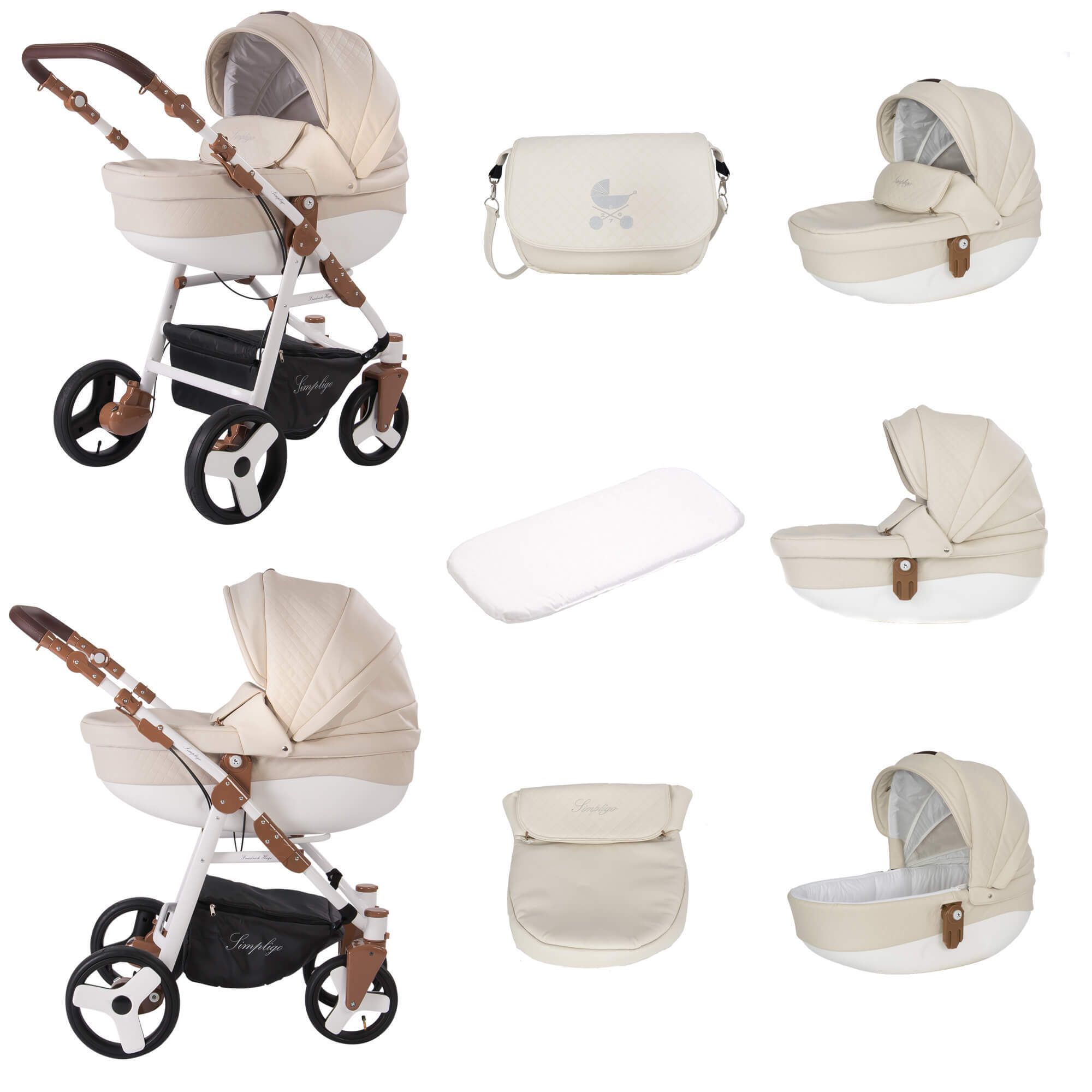 Kinderwagen-Set: Kinderwagen, Tragetasche, Wickeltasche, Matratze, Babyschale. Sandfarbenes Kunstleder, braune Akzente. Marke Simpligo.