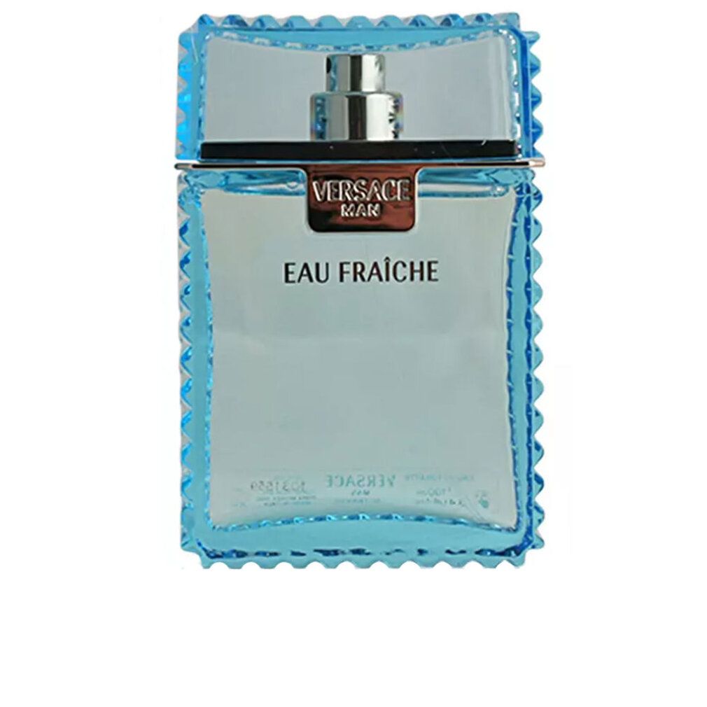 Blaues Parfümflakon mit silbernem Verschluss. Aufschrift: Versace Man Eau Fraiche.