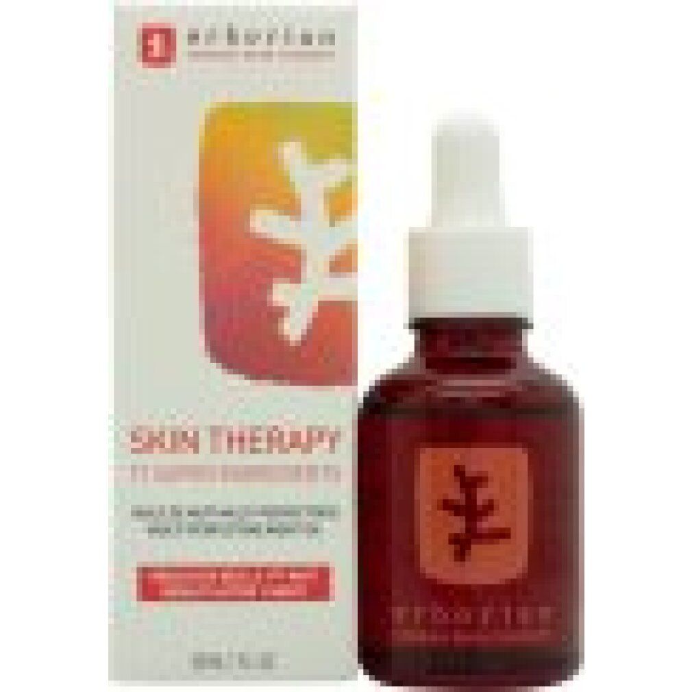 Produktflasche und Verpackung. Flasche aus rotem Glas mit Pipette. Verpackung mit Logo und Produktnamen 'Skin Therapy'.
