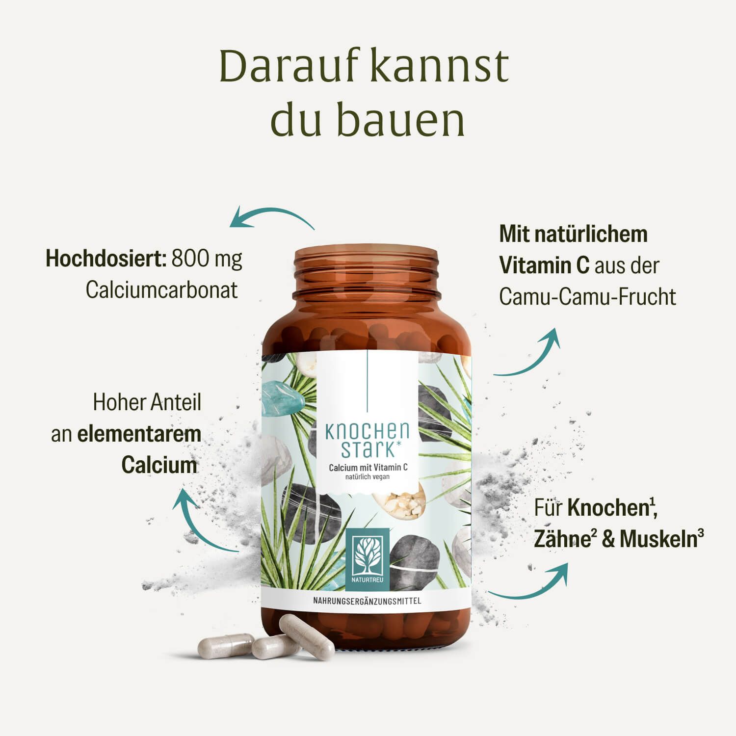 Flasche Knochenstark mit Vitamin C, umgeben von Pulver und Pfeilen, die Vorteile hervorheben.