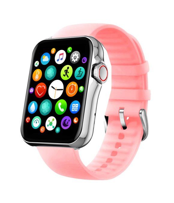 Smartwatch mit rosa Armband. Das Display zeigt farbige App-Symbole. Gehäuse aus Metall, seitliche Taste.