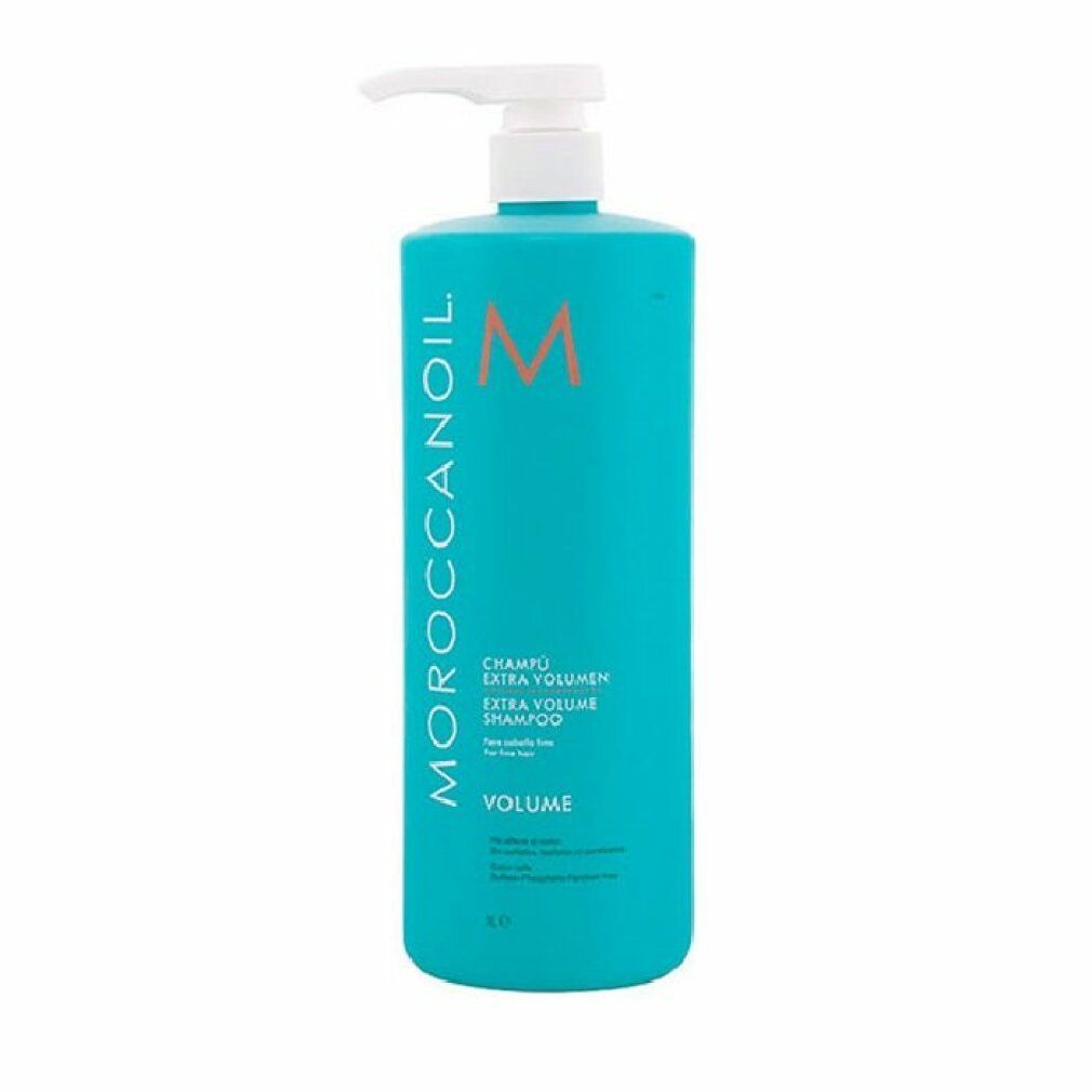 Türkisgrüne Shampoo-Flasche mit weißem Pumpkopf. Aufschrift: Moroccanoil, Volume, Extra Volumen Shampoo.