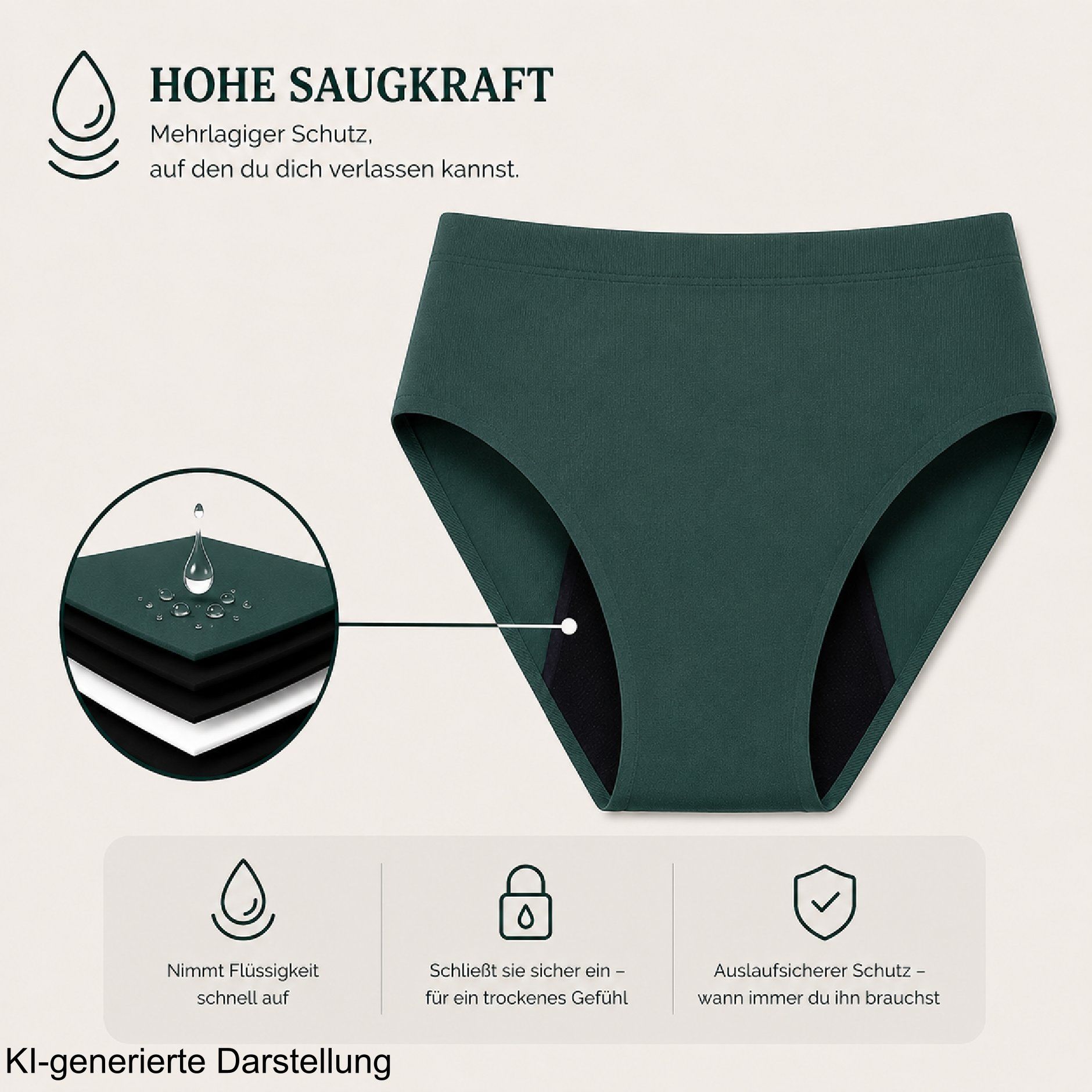Grüne Periodenunterhose mit Saugkraft- und Schichtdetail.