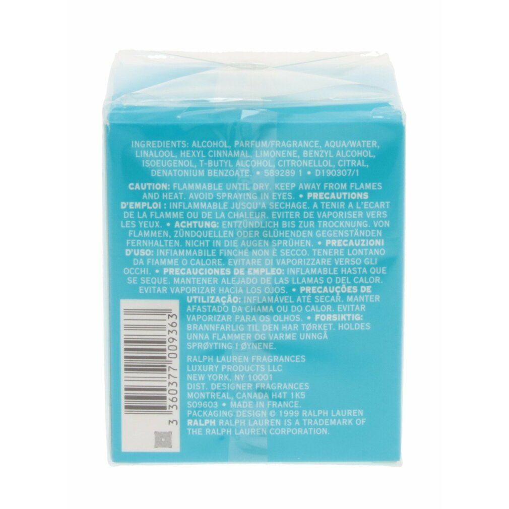 Rückseite eines türkisfarbenen Kartons mit Inhaltsstoffen und Warnhinweisen. Ralph Lauren Fragrances.