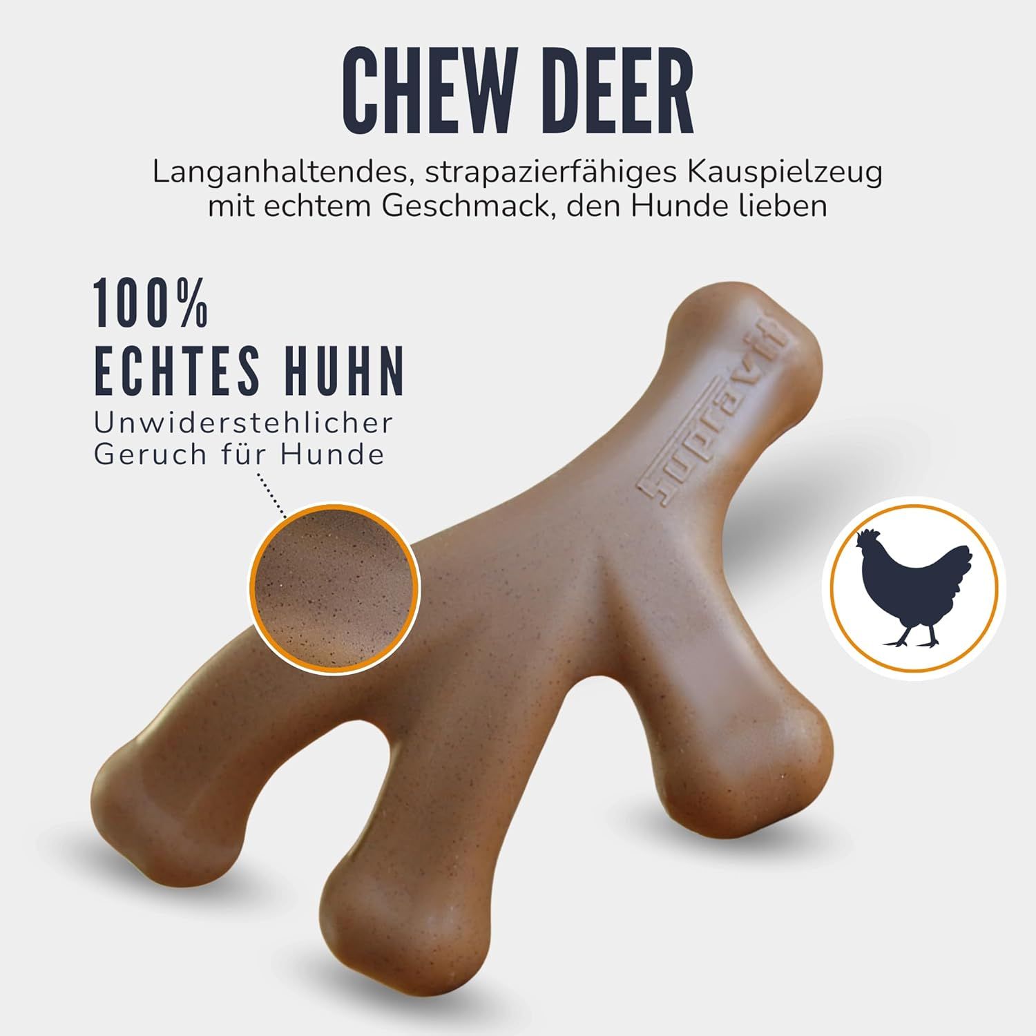 Braunes Hundekauspielzeug in Geweihform. Text: Chew Deer, 100% echtes Huhn. Mit Hühnchen-Geschmack.