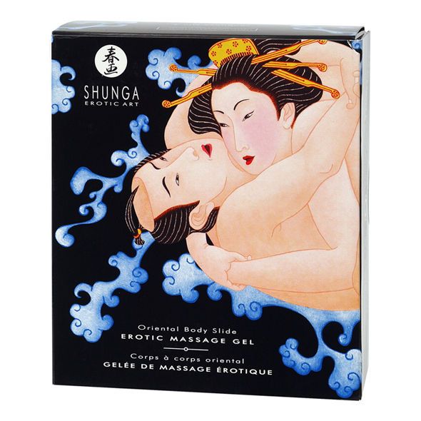 Schwarze Schachtel mit Illustration. Aufschrift: Shunga Exotic Art, Oriental Body Slide Exotic Massage Gel. Gelee de massage érotique.