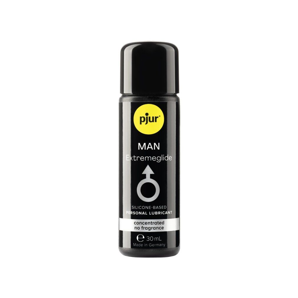 Schwarze Flasche mit schwarzem Deckel. Aufschrift: pjur MAN Extremeglide, Männlichkeits-Symbol, SILICONE-BASED PERSONAL LUBRICANT, concentrated no fragrance, e 30 ml, Made in Germany.