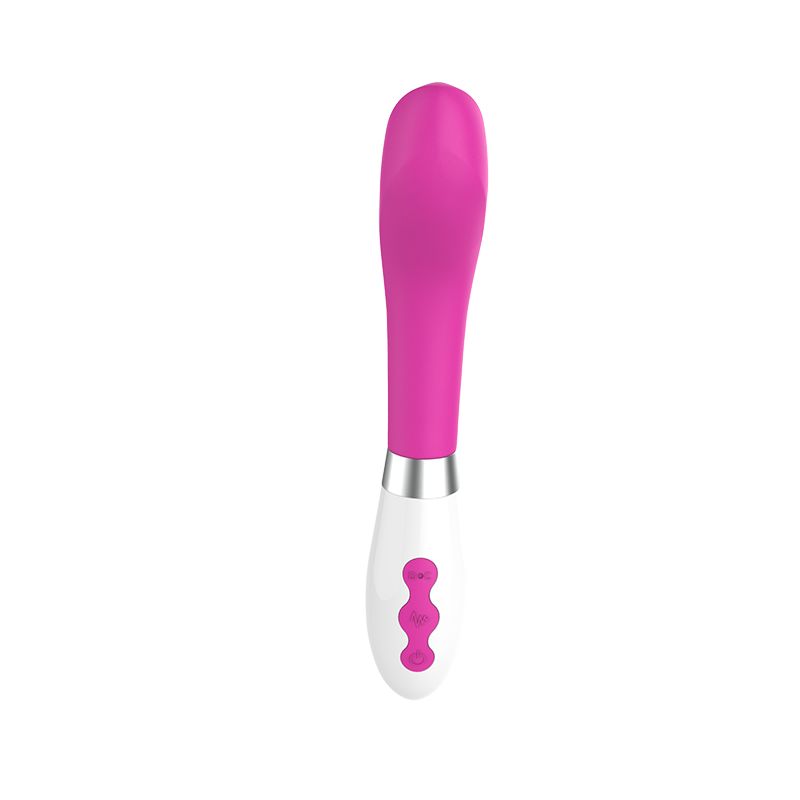 Pinkfarbener Vibrator mit weißem Griff und drei Knöpfen. Metallring zwischen Griff und Schaft. Gerade Ansicht.