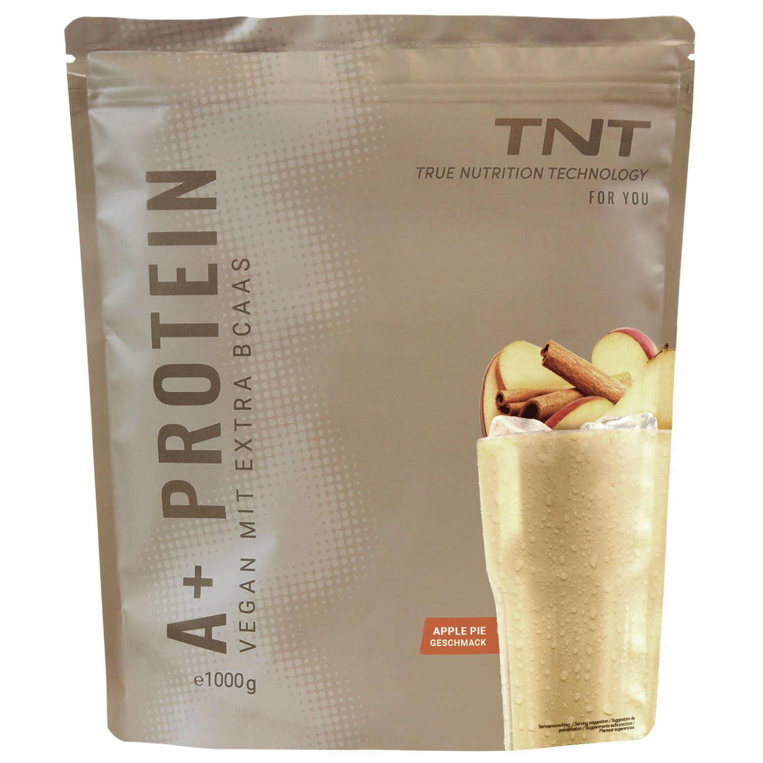 TNT A+ Protein Beutel mit Apfel-Zimt-Geschmack und einem Glas Proteinshake.