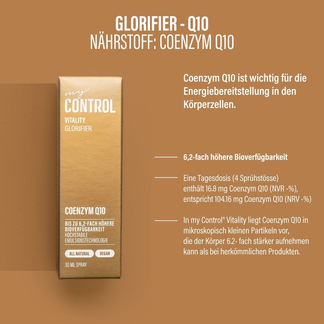 Goldfarbene Verpackung mit Produktinformationen. Text: my Control Vitality Glorifier, Coenzym Q10. 30 ml Spray. Vegan.