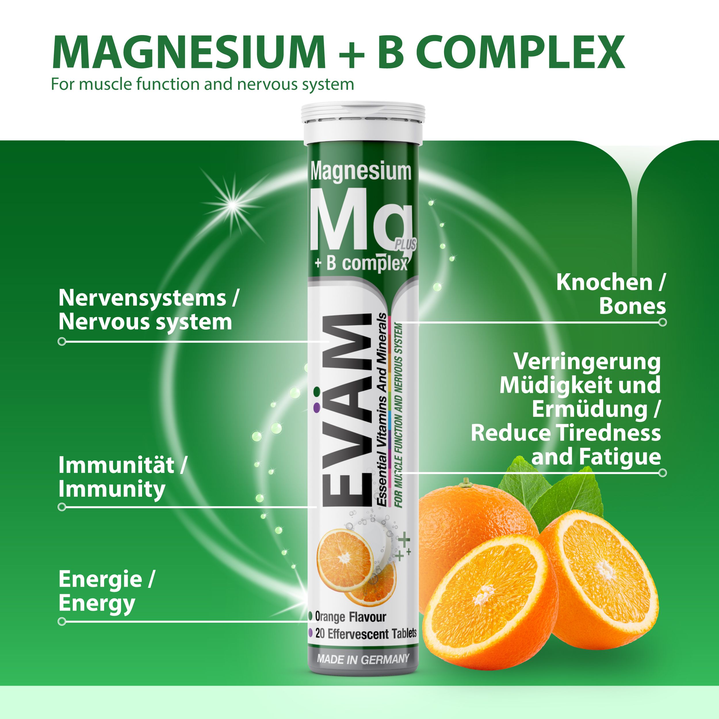 EVÄM Magnesium + B-Komplex Tube. Fördert Nervensystem, Immunität, Energie. Mit Orangengeschmack. Enthält 20 Brausetabletten. Vegan, glutenfrei, laktosefrei, ohne Zuckerzusatz.