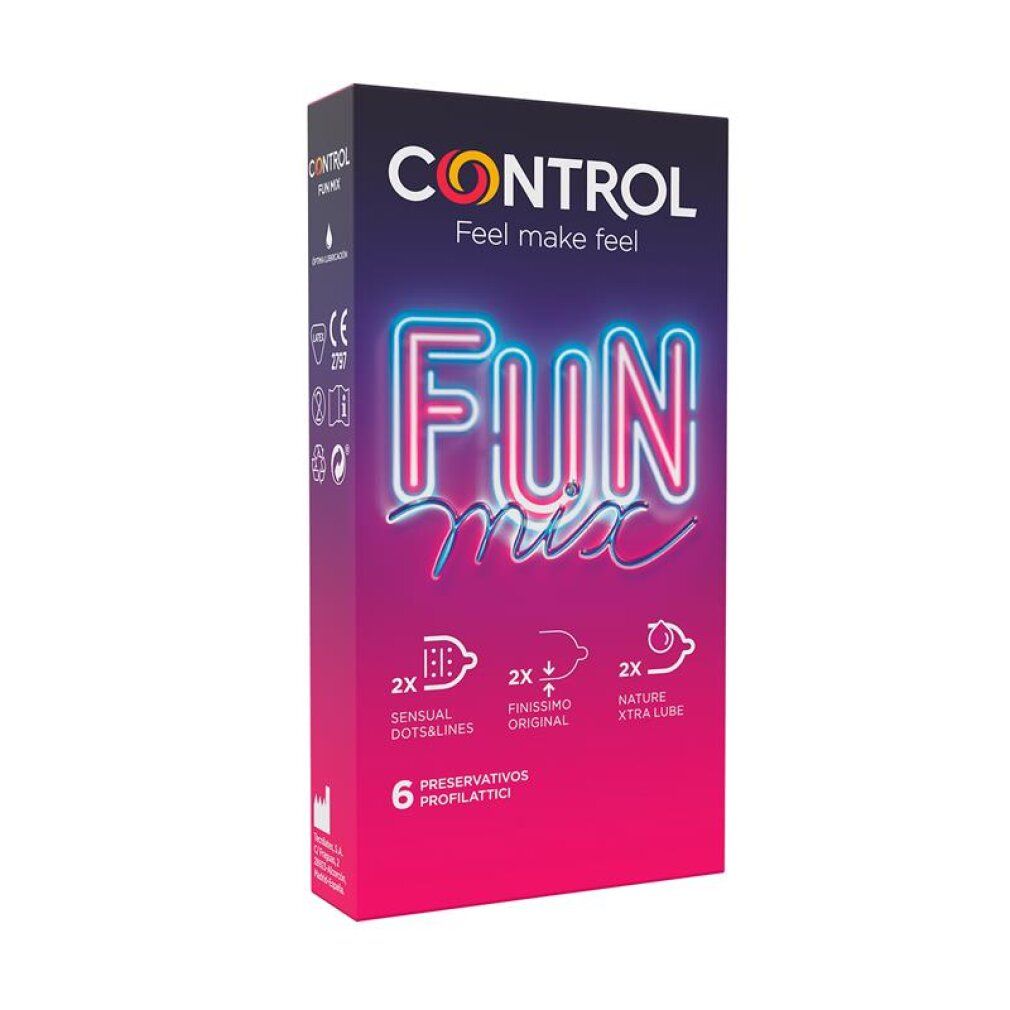 Verpackung von Control Fun Mix Kondomen, 6 Stück. Enthält 2x Sensual Dots&Lines, 2x Finissimo Original, 2x Nature Xtra Lube.