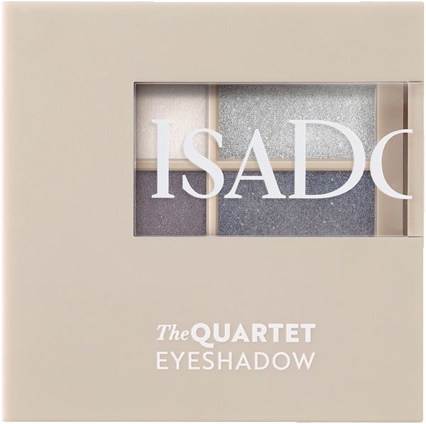 Geschlossene Lidschatten-Quartett-Verpackung. Beige quadratische Box mit Fenster. Produktname und Marke sichtbar.