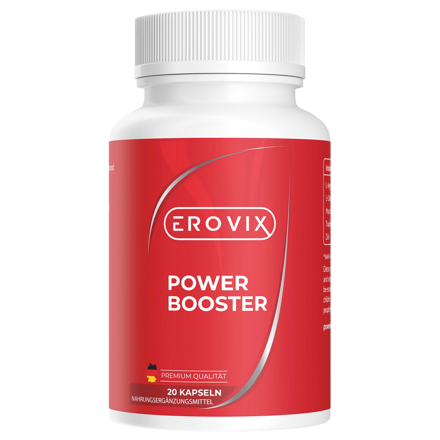 Weiße Flasche mit rotem Etikett. Aufschrift: Erovix, Power Booster, 20 Kapseln. Premium Qualität.