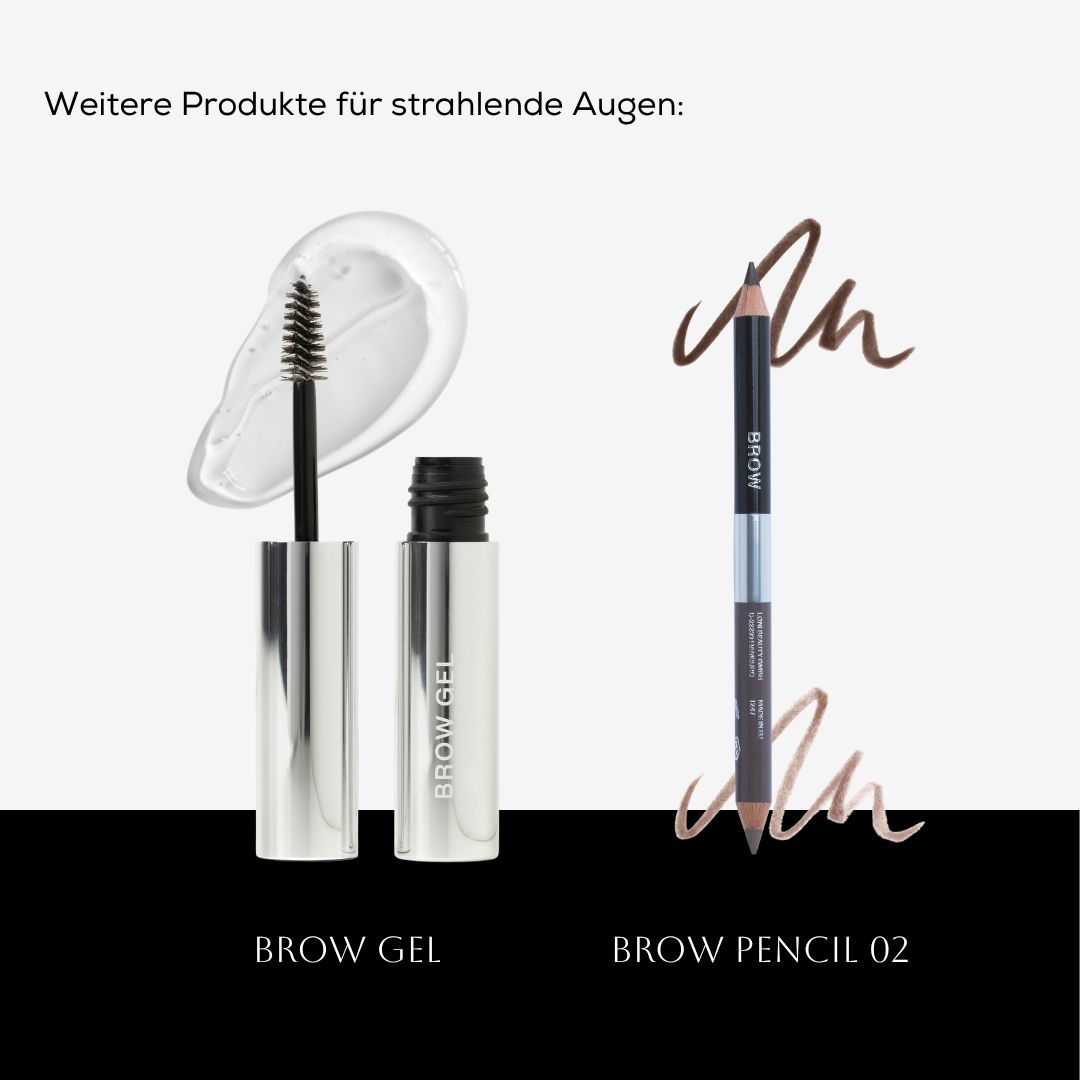 Zwei Produkte für strahlende Augen: Augenbrauengel in einer silbernen Tube mit Bürste und Augenbrauenstift mit brauner Mine.