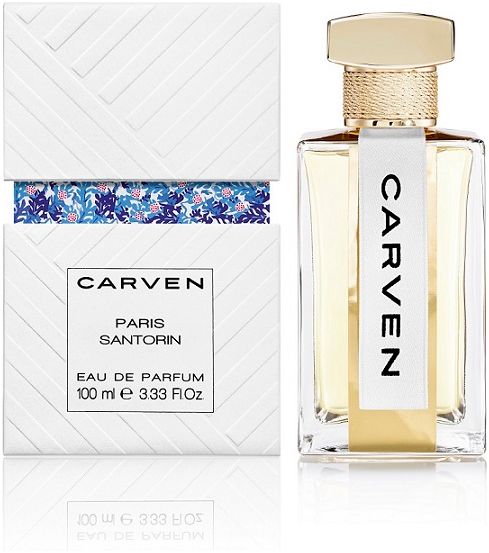 Parfümflakon und Schachtel. Flakon rechteckig, transparent, mit goldfarbenem Verschluss. Aufschrift: CARVEN.