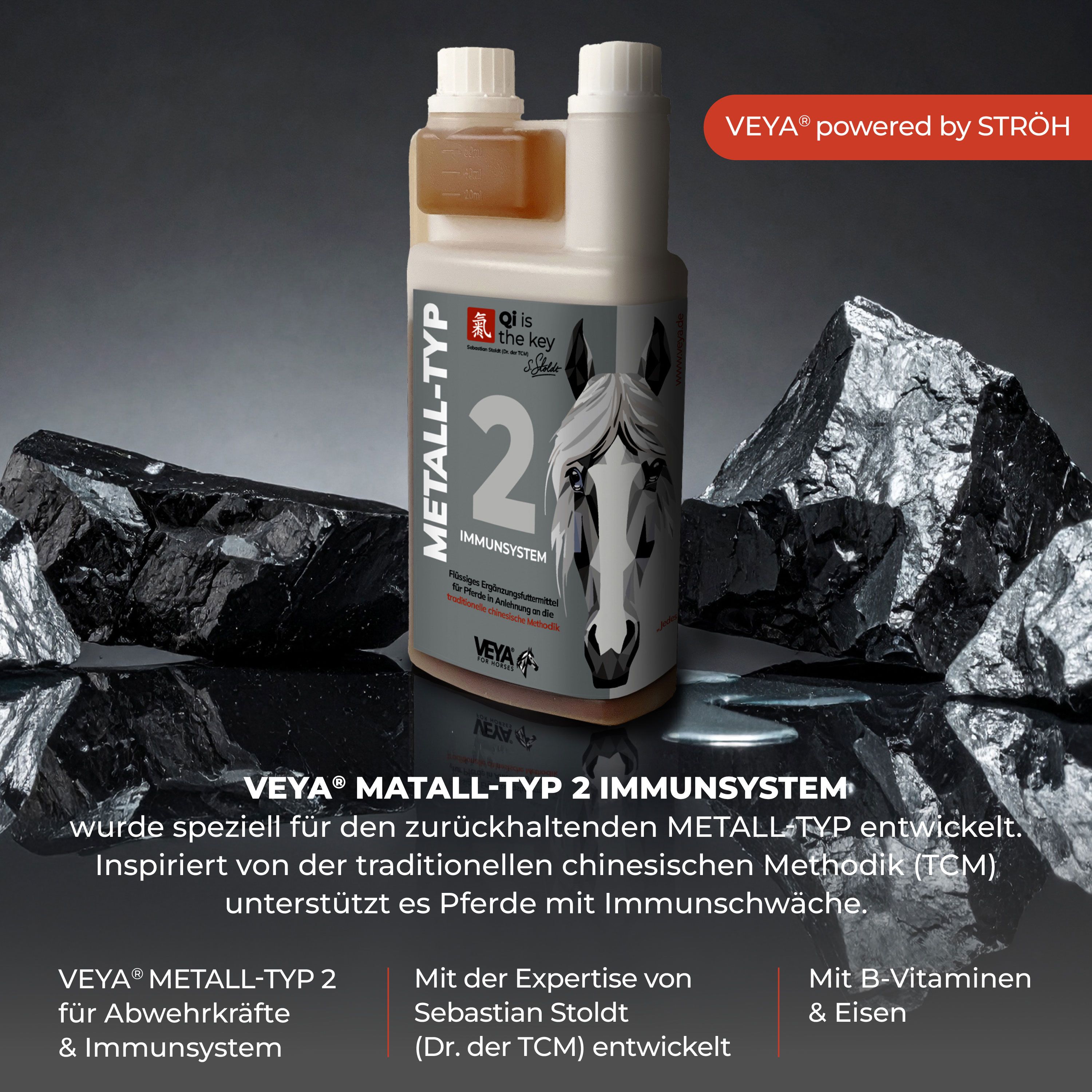 Flasche VEYA METALL-TYP 2 Immunsystem. Weißer Behälter mit brauner Flüssigkeit. Pferdekopf-Illustration. Text: METALL-TYP 2, Immunsystem.