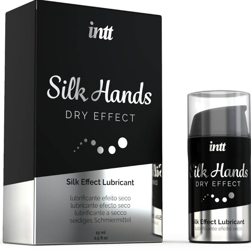 Schwarze Schachtel und Flasche. Aufschrift: intt Silk Hands DRY EFFECT. Untertitel: Silk Effect Lubricant. 15 ml.