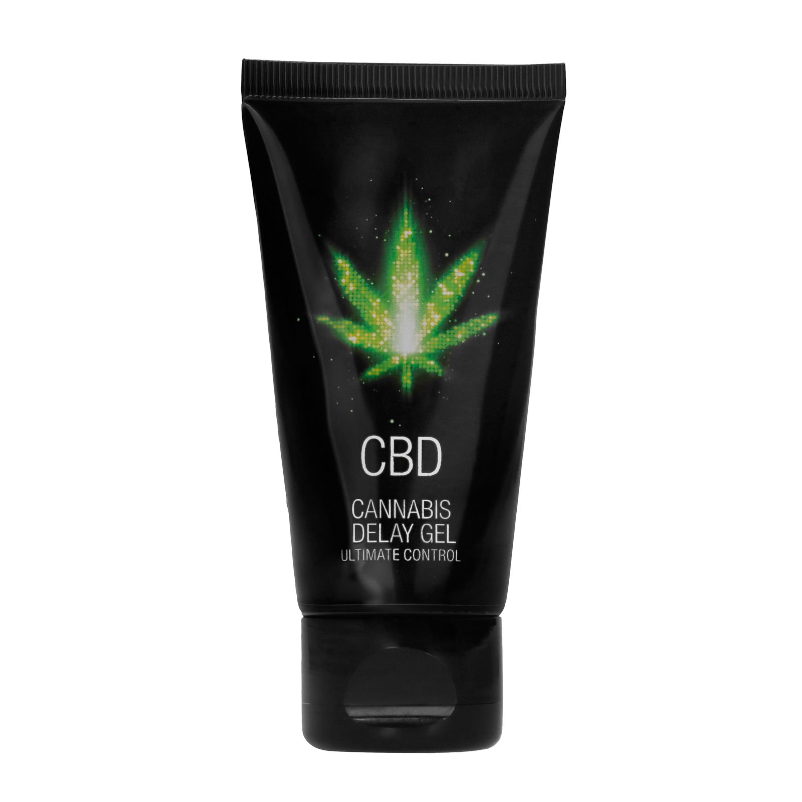 Zwarte tube CBD-gel. Groen oplichtend cannabisblad-logo. Tekst: CBD, Cannabis Delay Gel, Ultimate Control.