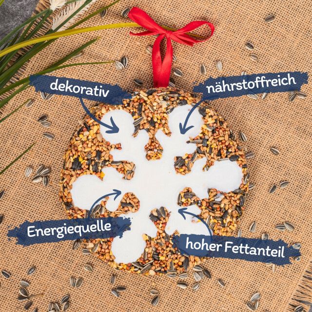 Runder Vogelkuchen mit Schneeflockenmuster. Beschriftungen: dekorativ, nahrhaft, Energiequelle, hoher Fettanteil.