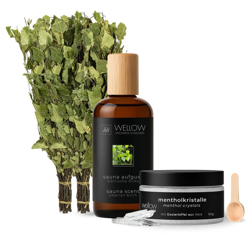 Wellow Sauna Set. Saunaaufguss, Mentholkristalle, Birkenquast. Mit Dosierlöffel. Sauna Chiarezza siberiana.
