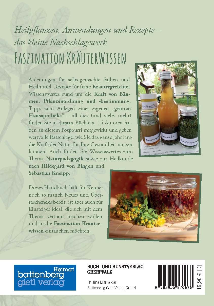 Rückseite des Buches "Faszination Kräuterwissen" mit Text, Fotos von Kräuterprodukten und Verlagslogo.