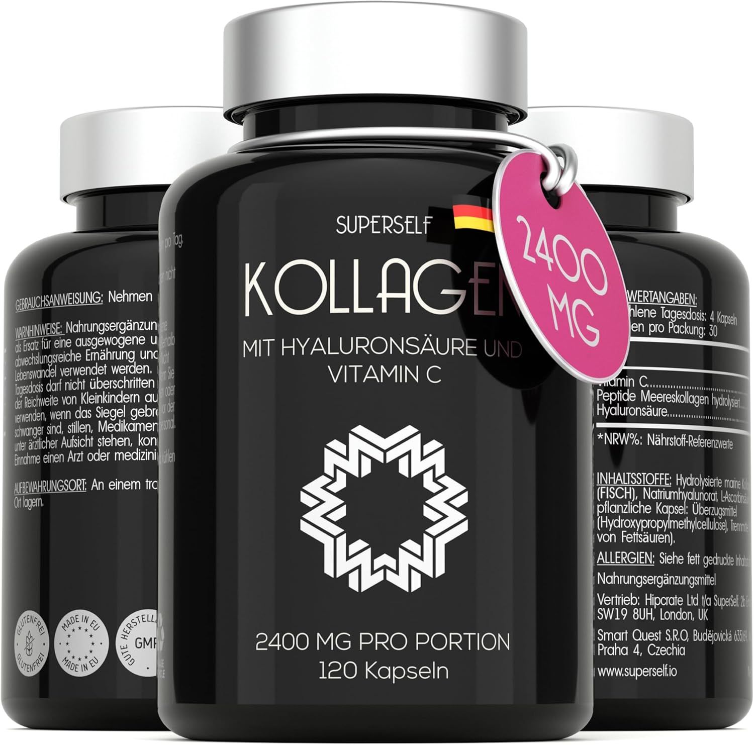 Drei schwarze Flaschen mit Kapseln. Aufschrift: SUPERSELF KOLLAGEN. Anhänger: 2400 MG. Text: 120 Kapseln, mit Hyaluronsäure und Vitamin C.