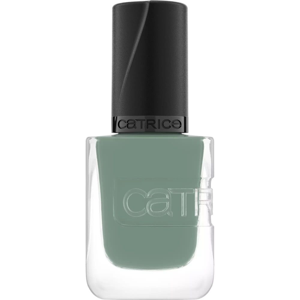Catrice Gel-Nagellack in Grün. Transparente Flasche mit schwarzem Deckel. Marke Catrice auf dem Flaschenhals.