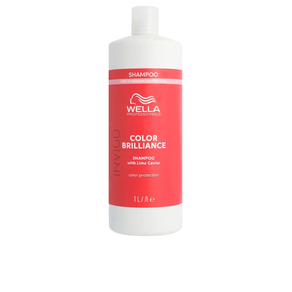 Flasche Wella Invigo Color Brilliance Shampoo. Rote Etikett mit Text und Logo. 1L.