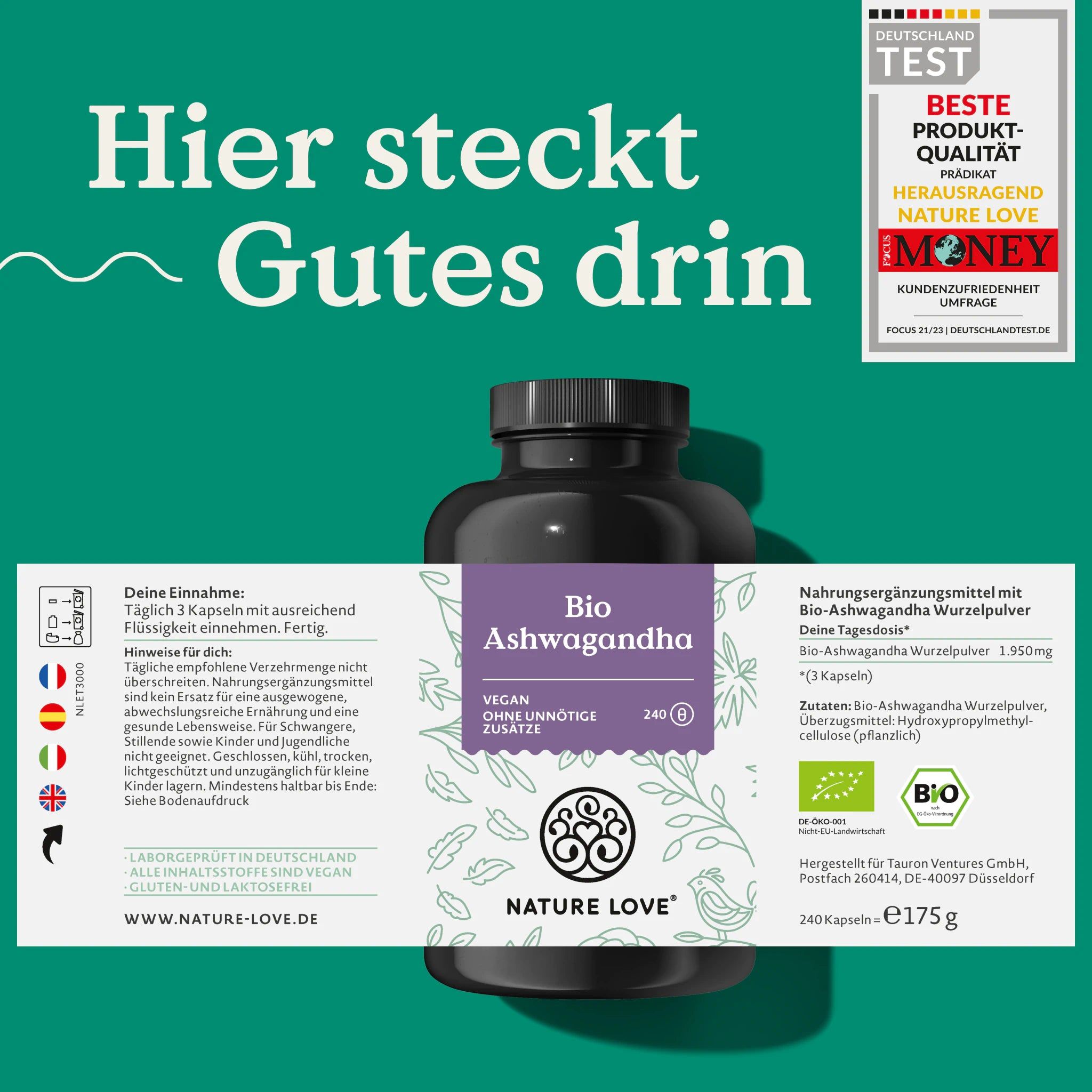 Dunkle Flasche mit lila Etikett. Aufschrift: Bio Ashwagandha, NATURE LOVE Logo, 240 Kapseln, vegan. Text: Hier steckt Gutes drin.