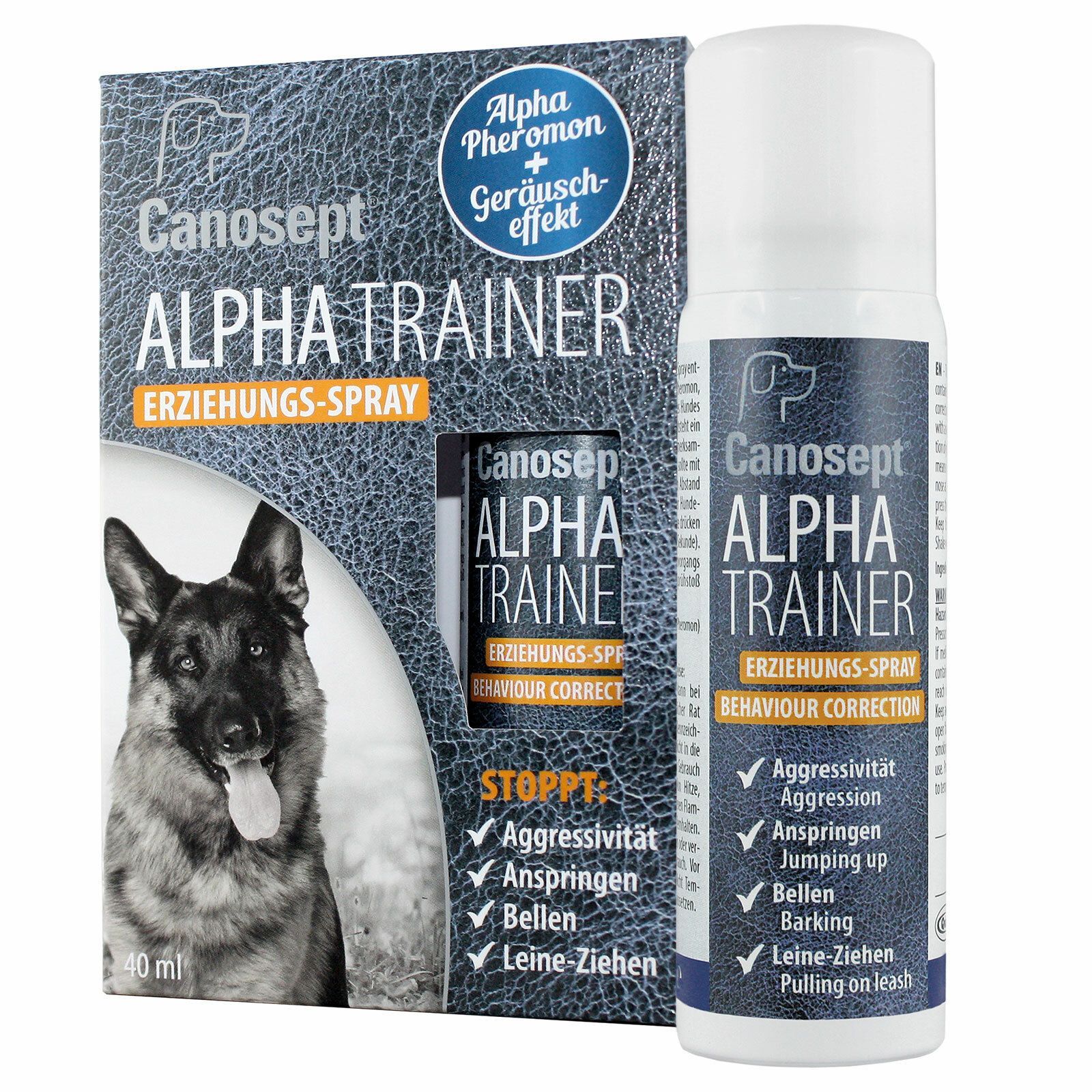 Canosept Alpha Trainer Erziehungsspray und Verpackung. Sprayflasche und Schachtel mit Produktinformationen und Hundefoto.