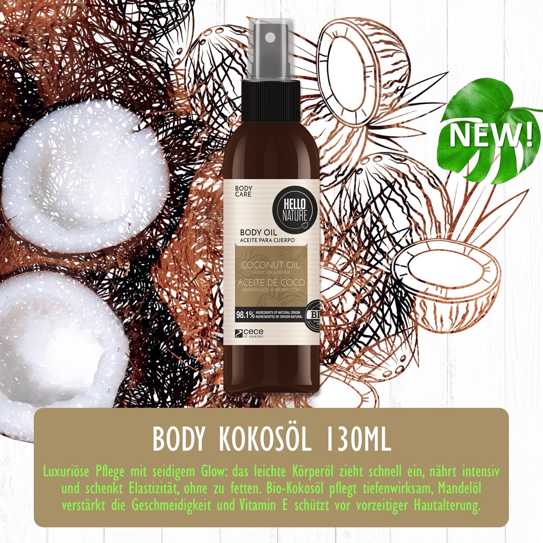 Körperöl-Spray mit Kokosöl. Braune Flasche mit Sprühkopf. Kokosnuss-Dekoration im Hintergrund. Text: Body Kokosöl 130ml.