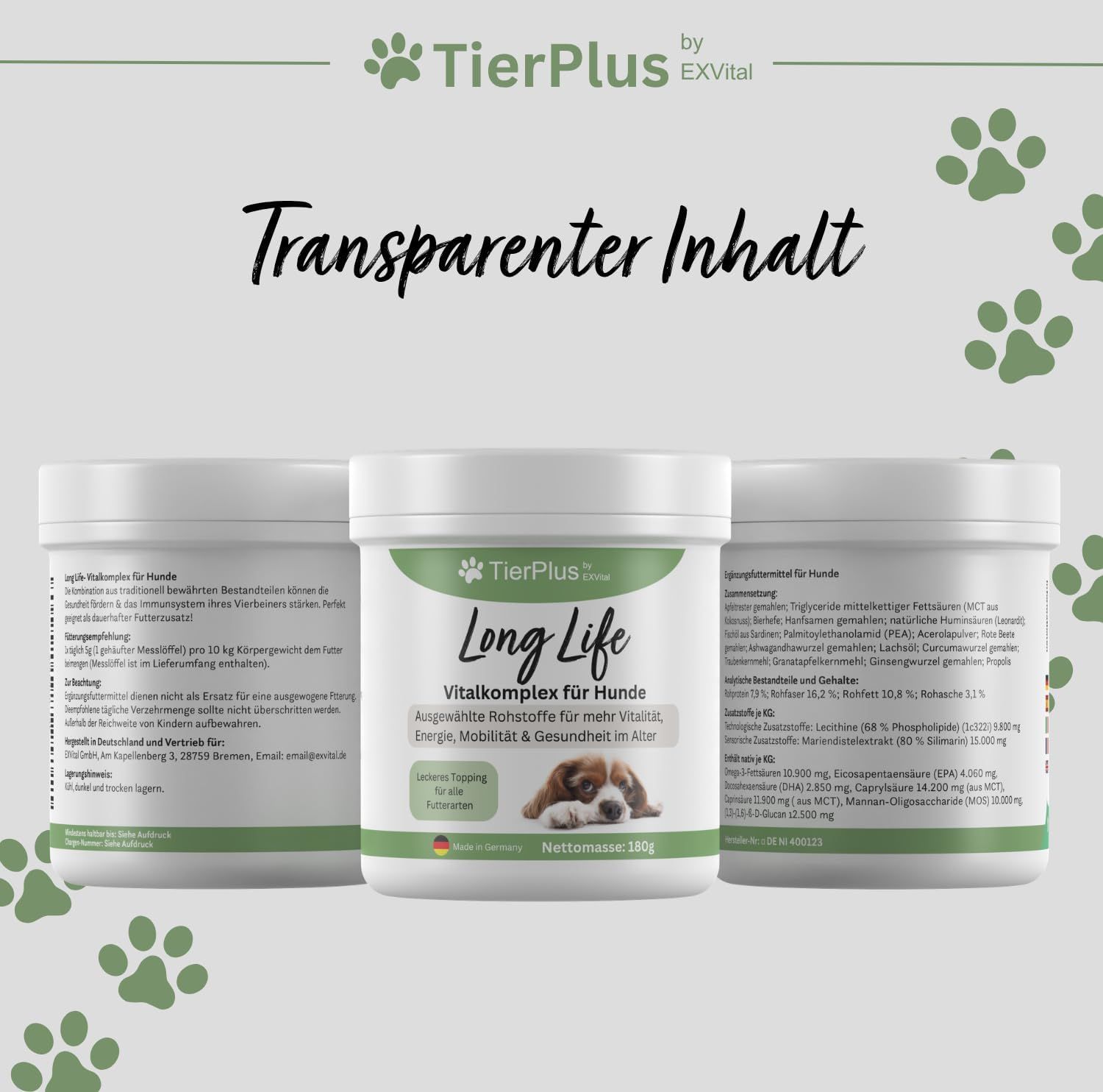TierPlus Long Life Vitalkomplex für Hunde: Drei Dosen des Produkts, Ansicht von vorne und Seite.