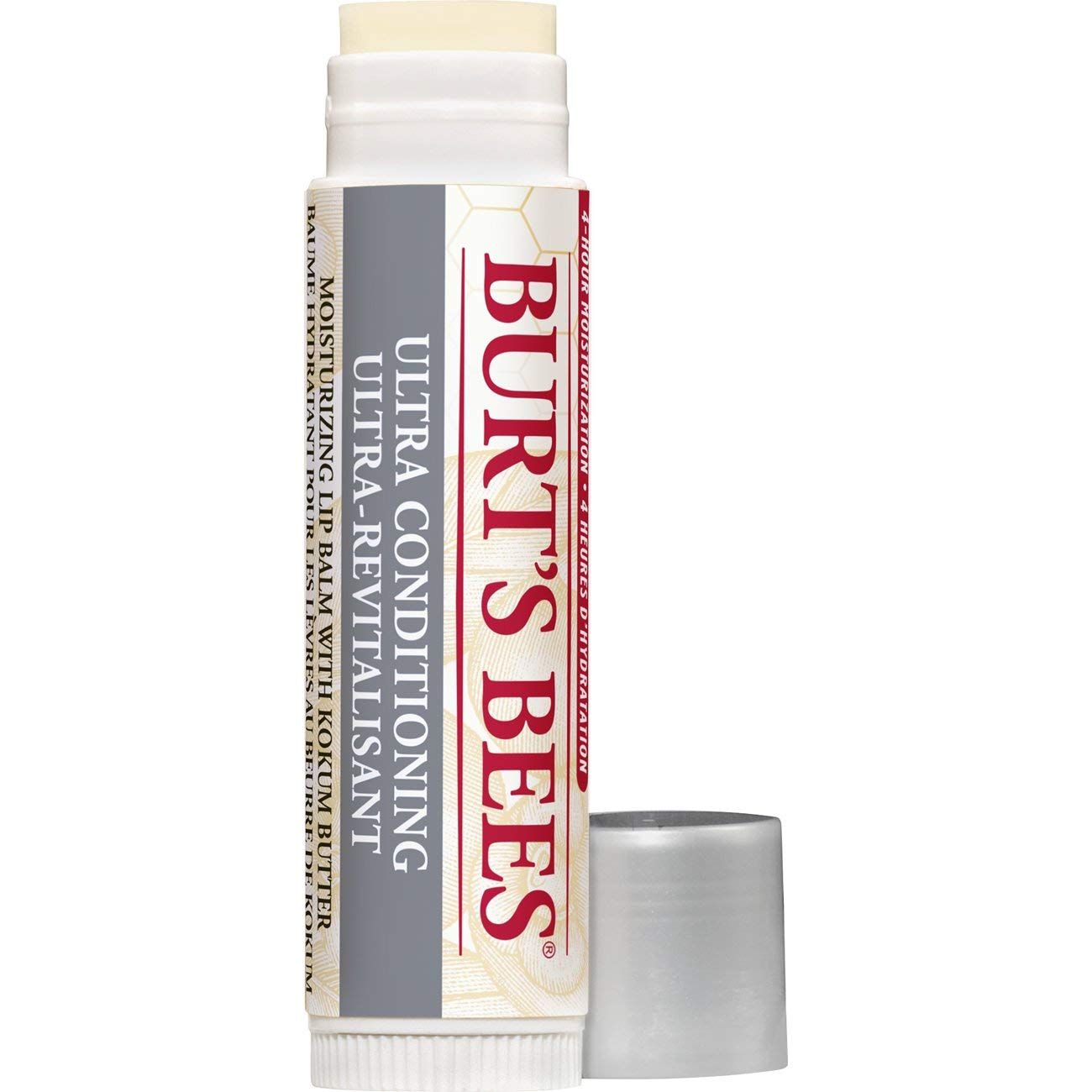 Stick balsamo labbra con cappuccio aperto. Confezione bianca e grigia con testo rosso. "Burt's Bees" visibile.