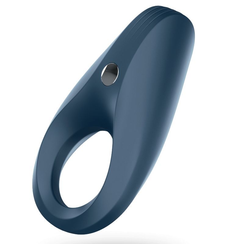 Blauer Ringvibrator mit ovaler Form und kreisförmiger Öffnung. Oben befindet sich ein Knopf.