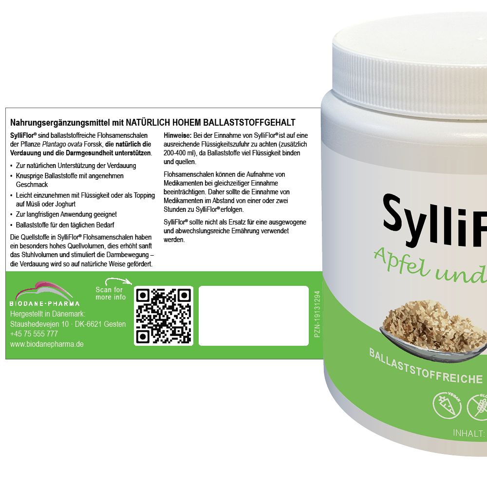 Behälter mit 'SylliFlor Apfel und Zimt' und Etikett. Text: 'Nahrungsergänzungsmittel mit hohem Ballaststoffgehalt'. QR-Code. Logo.