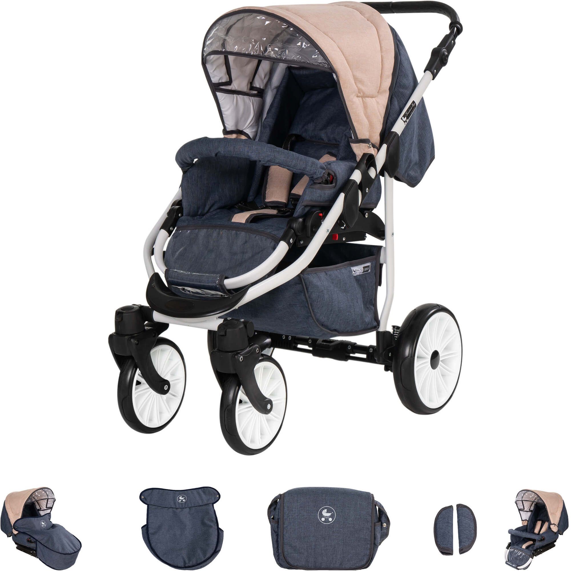 Friedrich Hugo Berlin 3 in 1 Kinderwagen mit Original Maxi Cosi, Gel Dark Blue and Beige Day